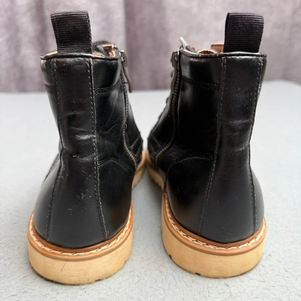 Mens Black Faux Leather Lace Up Side Zip Combat Boots Tan Lug Sole Size 9M